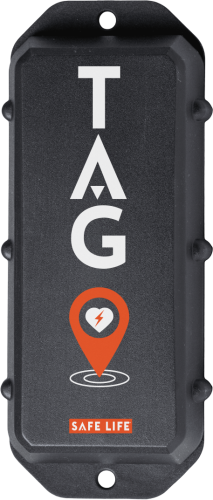 Image of a black AED GPS location tracker with the word TAG in white with an orange GPS icon with a white heart and orange lightning bolt. At the bottom is a orange Safe Life logo with an orange box around it and white text.